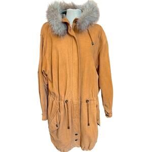 VTG La Nouvelle Renaissance Leather Jacket M Camel Tan Fur Trim Hood Boho Parka